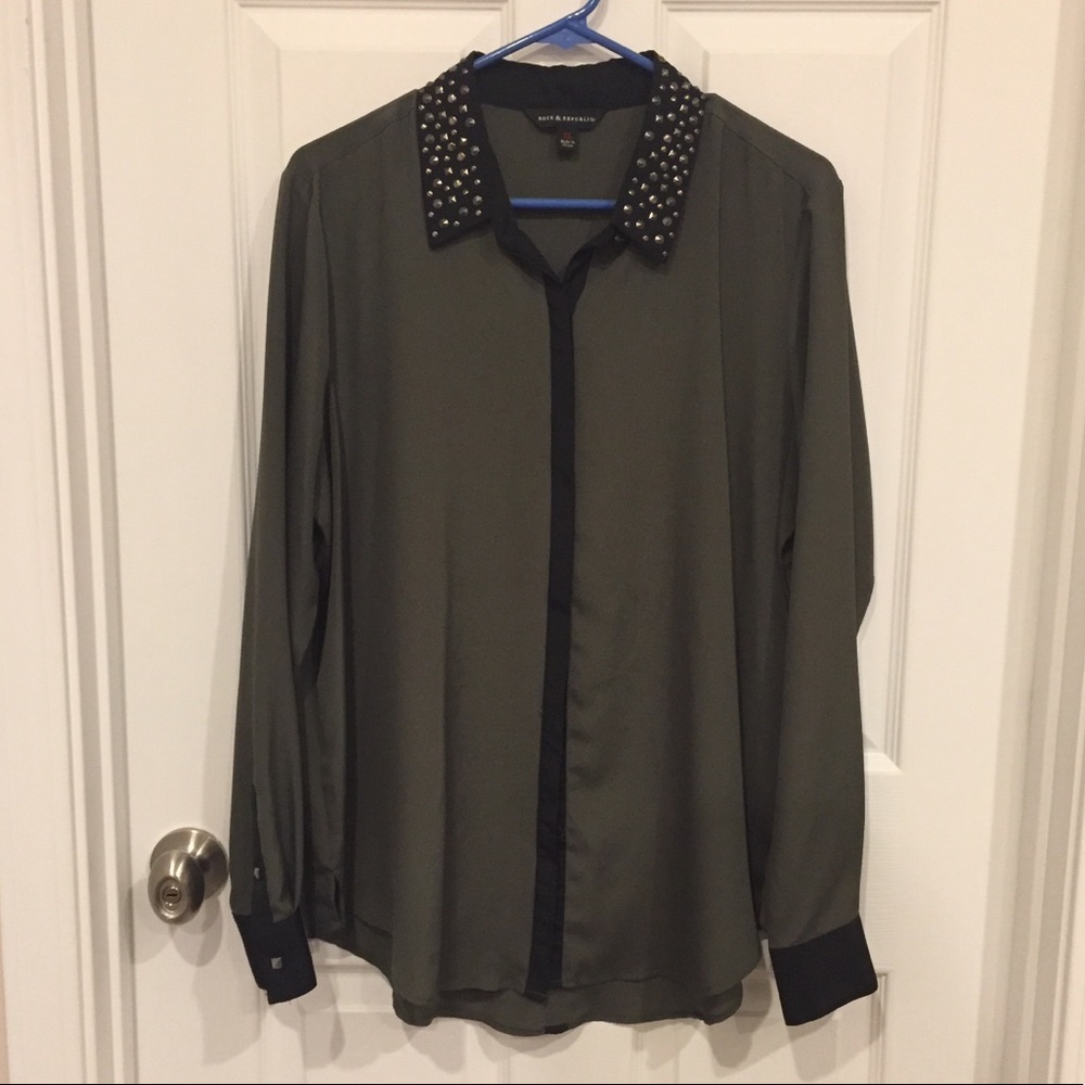 Olive colored silky button-up